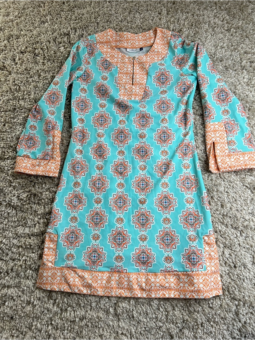 Cabana Life Aqua and Orange Printed Long Sleeve Tunic Dress